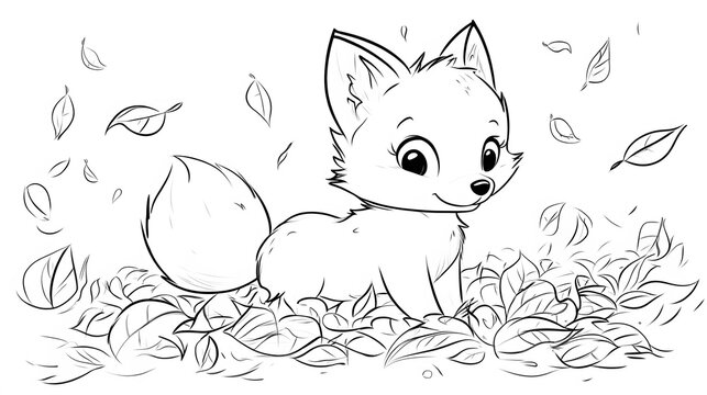 Simple line drawing of a baby fox playing in leaves