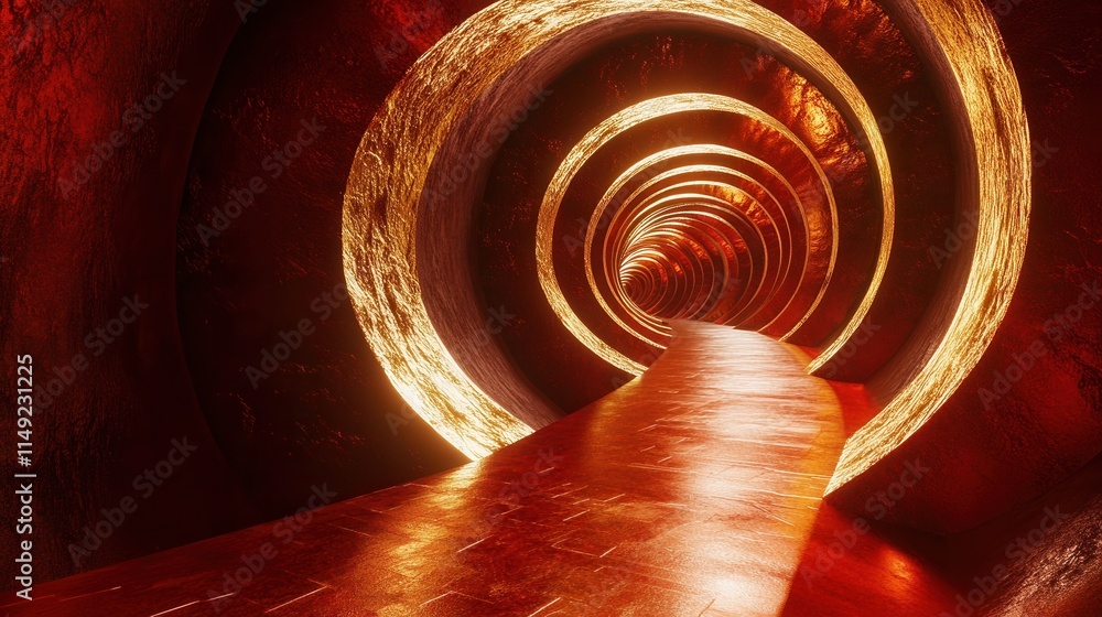 Poster abstract red and gold tunnel 3d render of a spiraling pathway with illuminated walls, futuristic arc