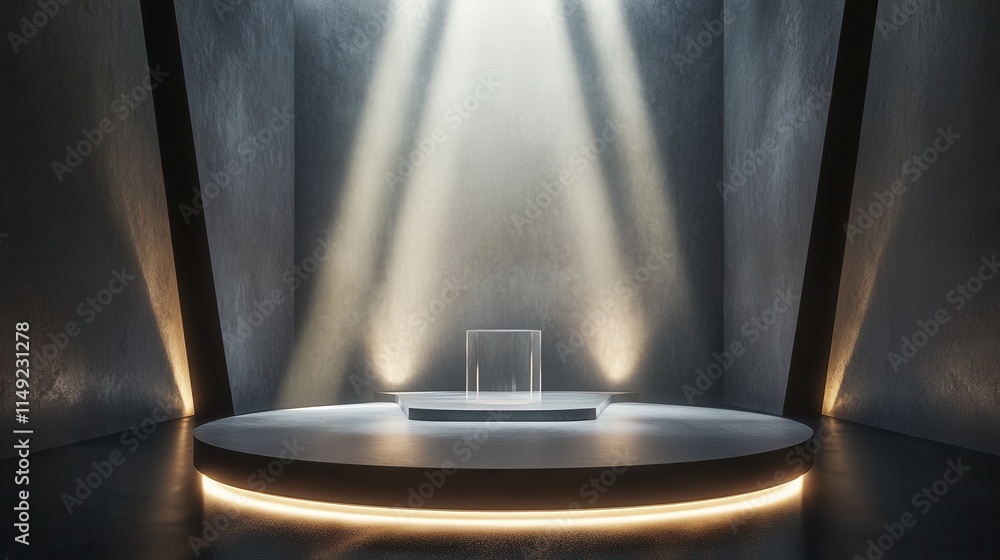 Poster modern minimalist dark grey concrete platform with glass cube display and subtle warm lighting - pro