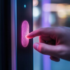 Close-up of Finger on Fingerprint Scanner with Glowing Pink Fingerprint - Biometric Security...