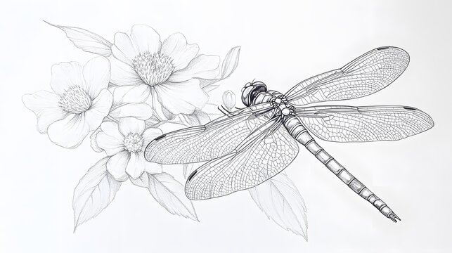 Line drawing of a dragonfly hovering above flowers