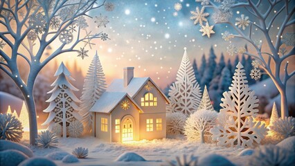 Naklejka premium A delicate house with intricate paper cut details in a winter scene, surrounded by snowflakes and frosty trees, evoking a sense of serene beauty and tranquility , wintery scene, snowy village