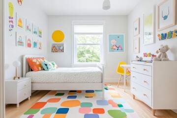 bedroom carpet decorative concept. Bright and cheerful children's bedroom featuring colorful decor, playful artwork, and a cozy atmosphere for creative imagination.