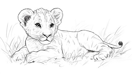Line drawing of a lion cub playing in the grass