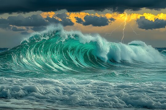 A stunning view of a powerful teal wave crashing against the shore, with dramatic dark clouds and flashes of lightning illuminating the sky at sunset.