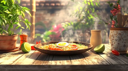 Vibrant Thai Pad Thai noodles with shrimp egg and lime in a rustic food setup