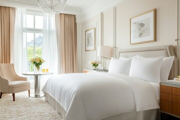 bedroom carpet decorative concept. Elegant hotel bedroom featuring cozy white bed, stylish decor, and natural light, perfect for a relaxing getaway or retreat.