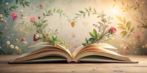 A book page with a curved shape resembling a heart, filled with flowers and vines, set against a soft pastel background, botanical prints, floral illustrations