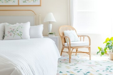 bedroom carpet decorative concept. A cozy bedroom featuring a comfortable bed, a stylish chair, and fresh decor, perfect for relaxation and tranquility.