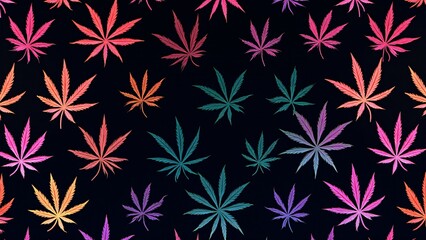 Psychedelic cannabis pattern with swirling rainbow gradients, glowing leaves, and neon aesthetics on black. Vibrant, bold, and dynamic design