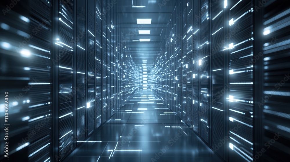 Poster futuristic server room data center corridor with glowing network lines and modern technology infrast