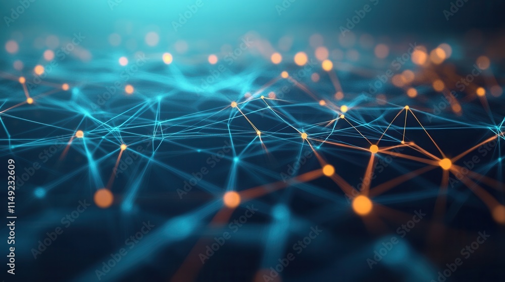 Poster abstract network connection futuristic blue and orange nodes connected by lines, digital technology 