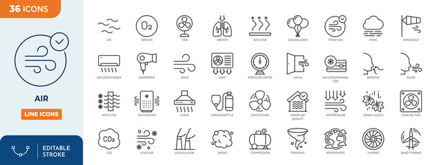 Air icon set. Containing ventilation, air conditioner, fan, wind, blow, oxygen, breathe, CO2, pollution and more. Outline Icon Collection. Editable stroke. Vector illustration	