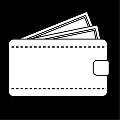 Fototapeta premium Wallet icon vector illustration, white on black background, clipart wallet with money, money wallet clip art image