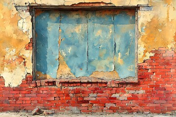 Naklejka premium A weathered brick wall with a dilapidated window, showcasing aged textures and vibrant colors.