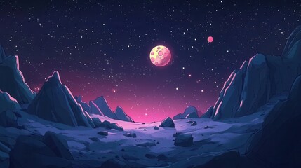 Surreal Alien Landscape Pink and Purple Night Sky, Mountains, and Celestial Bodies - Digital Art Illustration