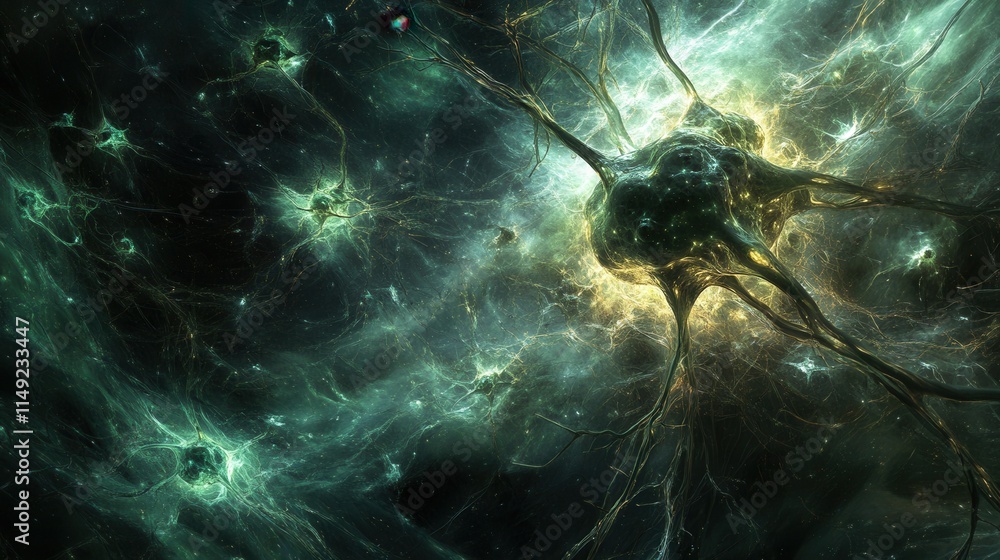 Poster abstract neural network glowing green and gold neuron connections, microscopic view of brain cells, 
