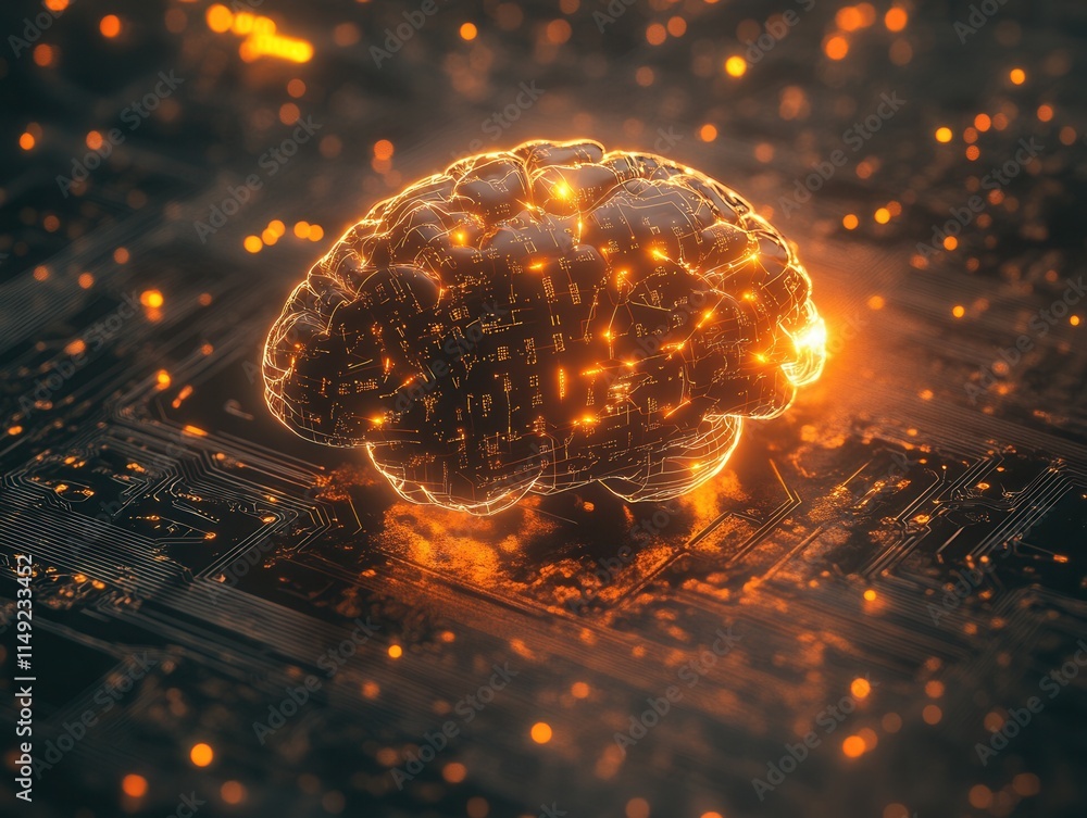Poster glowing neural network brain on circuit board ai, artificial intelligence, deep learning, technology