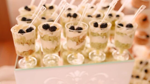 Close up view Candy Bar Wedding, candy buffet wedding move camera. delicious sweet turquoise snacks, candy bar with cupcakes, cakepops, macaroons, cake, bize and other sweets and cookies Banquet Hall
