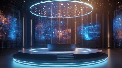 Futuristic Circular Stage with Neon Lights and Digital Data Walls Modern Technology Presentation Platform