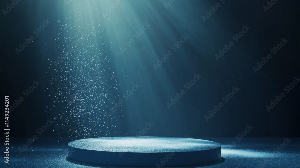 Poster mysterious illuminated stage surrounded by floating particles in dark space.