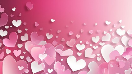 Whimsical digital illustration with a gradient background from deep pink to soft white, featuring overlapping semi-transparent hearts in shades of pink and white, evoking romance.