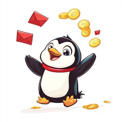 Obraz premium A cheerful penguin joyfully juggling coins and letters, symbolizing fun and excitement.