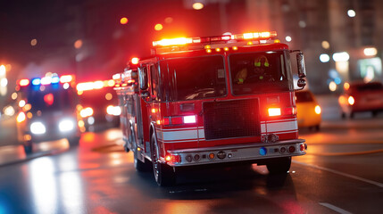 Emergency vehicles respond to traffic accident scene at night. Fire truck, ambulance on road. Urban scene with flashing lights. Emergency response team at accident site. Nighttime event with