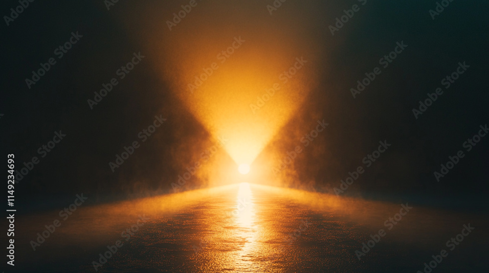 Poster mysterious orange light breaking through fog in a dark setting at night.