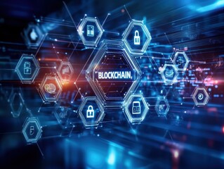 This visually captivating image illustrates the interconnectedness of blockchain technology, showcasing its various applications through vibrant digital representations of security, data management