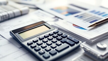 Calculator placed next to financial documents, representing budgeting, accounting, and financial analysis. Perfect for business, finance, and investment-related projects.