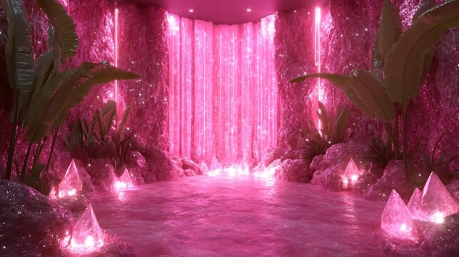 Pink Crystal Waterfall Paradise: A mesmerizing digital rendering of a tranquil oasis, featuring a cascading pink waterfall surrounded by glowing crystals and lush tropical foliage.