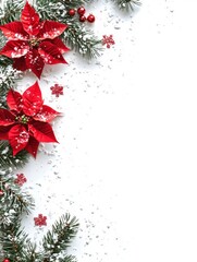 Minimalist Christmas Frame with Lush Greenery and Red Poinsettias Perfect for Holiday Greetings and Seasonal Decorations