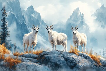 Fototapeta premium Three Mountain Goats on a Rocky Peak in a Misty Mountain Landscape.