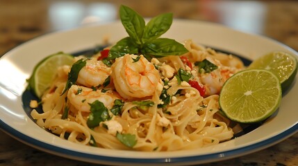 Traditional Thai Pad Thai noodles with shrimp garnished with lime and greens