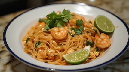 Traditional Thai Pad Thai noodles with shrimp garnished with lime and greens