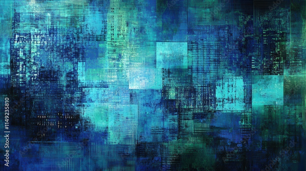 Poster abstract teal and blue grunge texture digital art background with geometric patchwork and textured o