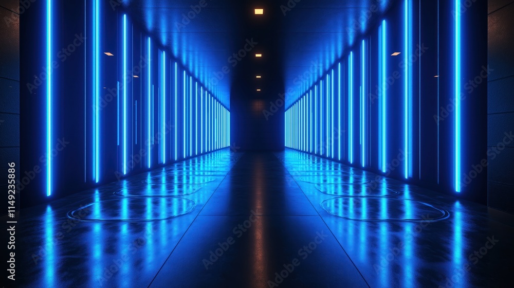 Poster empty futuristic hall illuminated by vibrant blue neon lights. dark walls with vertical neon lines c