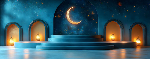 A serene indoor space with blue tones, arches, and a crescent moon backdrop.