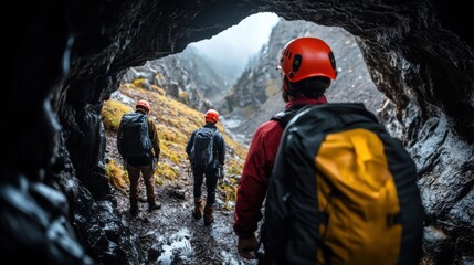 Adventurers Exploring Rocky Cave Landscape with Safety Helmets and Gear in a Mysterious Wilderness
