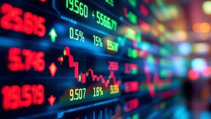 Close-up of a stock market ticker display showing live stock prices, trading data, and market trends. Perfect for finance, investment, and business analysis projects.