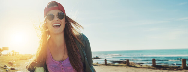 Beach walk, woman and summer fun outdoor with sky mockup and space with skater style. Excited,...