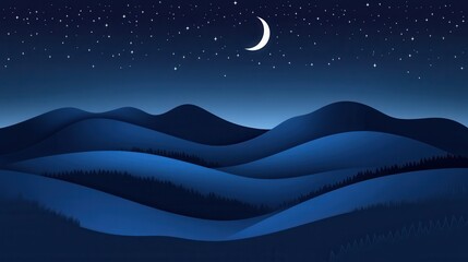 Obraz premium Serene Night Landscape Crescent Moon, Starry Sky over Rolling Hills and Forests - Vector Illustration
