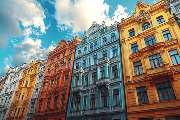 Obraz premium Vibrant Row of Colorful Historic Buildings Under a Blue Sky.