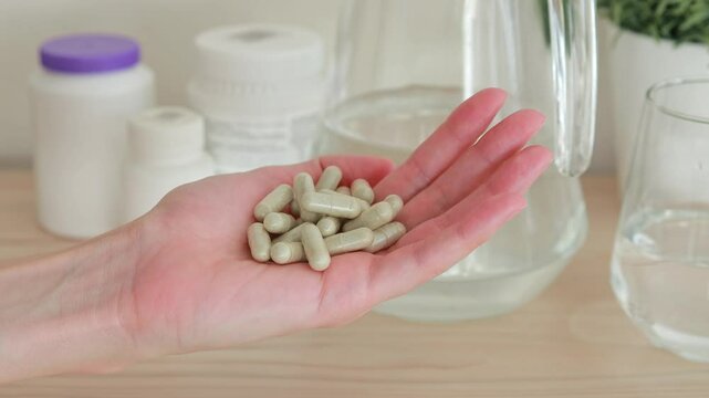 Close-up of a woman pouring a handful of gray pill capsules from a jar into her hand. Medicines and dietary supplements