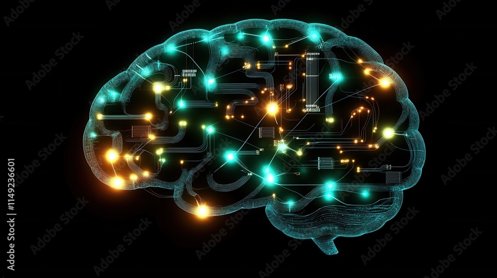 Poster abstract glowing brain circuitry artificial intelligence, neural network, and technology concept