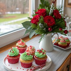 Christmas cupcakes and festive bouquet