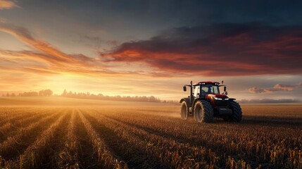 Obraz premium Scenic Sunset Over Agricultural Field With Tractor Working Fertile Land and Rural Landscape