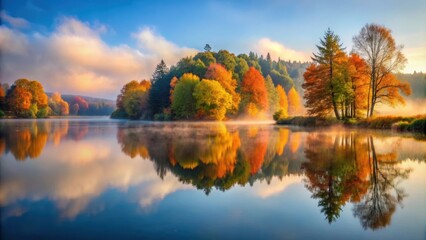 Serene lake landscape with reflected autumn foliage and misty atmosphere at dusk