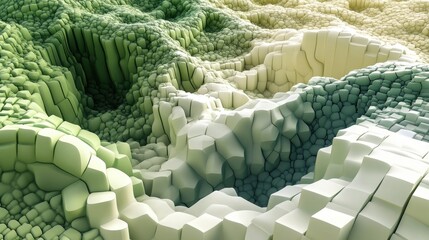 Abstract 3D Render of a Crystalline Landscape with Green and Beige Hues, Showing Textured Geometric...